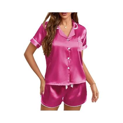 Imagem de Conjunto De Pijamas De Seda Satin Para Mulheres 2 Peças Com Botão Roupas De Dormir Loungewear Shorts