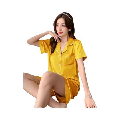 Imagem de Conjunto De Pijamas Femininos De Verão Em Cetim Sólido Confortável Em Duas Peças Em Seda Falsa