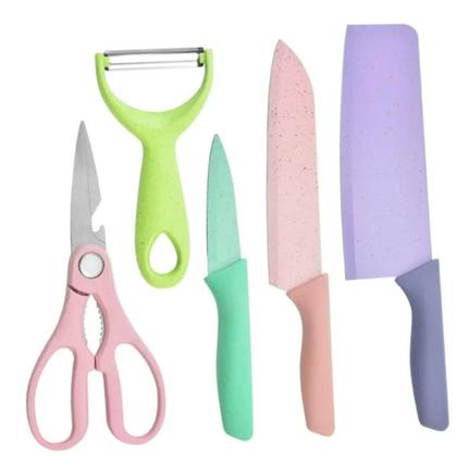 Imagem de Conjunto Facas Afiadas Aço Inox Chef Legumes Tesoura e Descascador