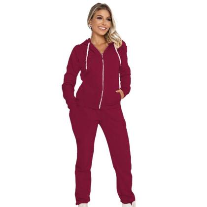 Imagem de Conjunto Feminino Casaco De Moletom Com Zíper e Capuz +Calça Com Bolso