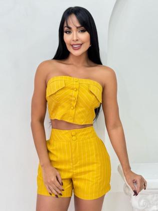 Imagem de Conjunto feminino cropped c/ bojo e shorts alfaiataria listrado s9589