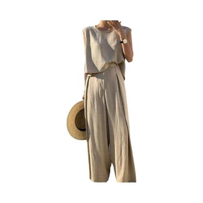 Imagem de Conjunto Feminino De Verão Elegante Em Cor Sólida De Algodão E Linho Com Top Sem Mangas De Gola