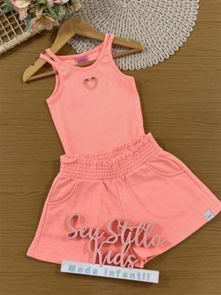 Imagem de Conjunto Infantil Belime Verão com Shorts e Regata Laranja Coração