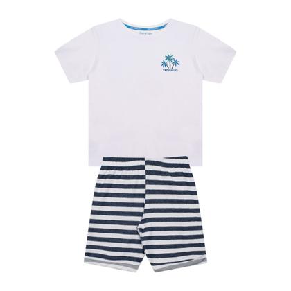 Imagem de Conjunto Infantil Menino, Camiseta Branca Com Estampa De Coqueiro E Bermuda Azul Listrado