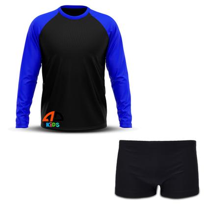 Imagem de Conjunto Infantil Praia Menino Proteção UV 50+ Camisa e Sunga Boxer Preto e Azul Royal