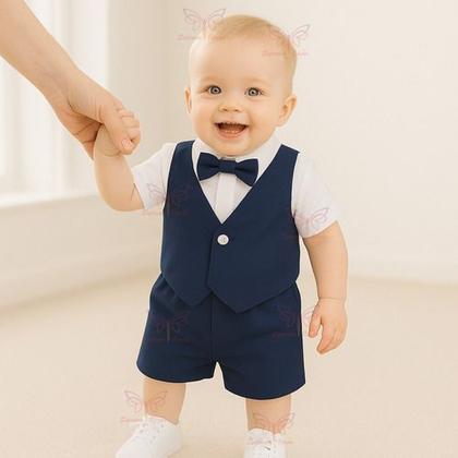 Imagem de Conjunto Infantil Social Shorts Xadrez Listrado Gravata Borboleta Bebê Menino RN a 05 Meses Batizado