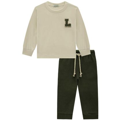 Imagem de Conjunto Menino Camiseta em Meia Malha Bege e Calça Skinny Canelado Verde -LucBoo