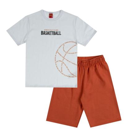 Imagem de Conjunto Menino Kyly Camiseta Algodão com Estampa Basquete Branco e Bermuda Moletom Sem Felpa Laranja Folha