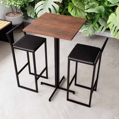 Imagem de Conjunto Mesa Alta Bar Bistrô Quadrada Imbuia 2 Banquetas Confort Estofado Industrial Black
