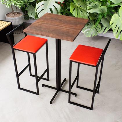 Imagem de Conjunto Mesa Alta Bar Bistrô Quadrada Imbuia 2 Banquetas Confort Estofado Industrial Black