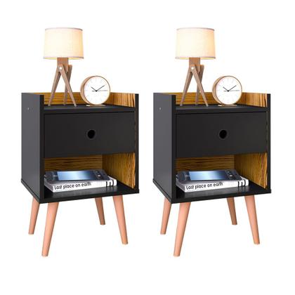 Imagem de Conjunto Mesa de Cabeceira Kit 2 Mesinhas Decorativas com Gaveta e Nicho Organização Quarto Moderno e Versátil Decore - Preto / Nature - RPM
