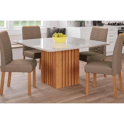 Imagem de Conjunto: Mesa de Cozinha Ana Tampo Madeirado c/ Vidro 130x80cm e 4 Cadeiras Clarice Cinamomo/Off White - Carvalho/Suede Joli Capuccino - Cimol