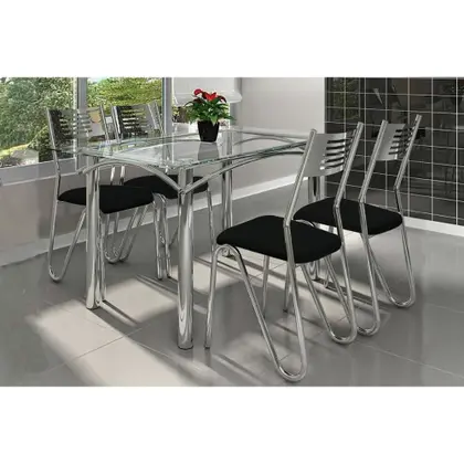 Imagem de Conjunto: Mesa de Cozinha Elba c/ Tampo Vidro 140cm + 4 Cadeiras Nápoles Cromada/Preto - Kappesberg