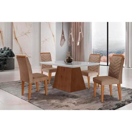 Imagem de Conjunto: Mesa de Cozinha Luna c/ Tampo Madeirado c/ Vidro Canto Curvo 120x80cm e 4 cadeiras Londrina Imbuia/Off White - Suede Capuccino - Rufato