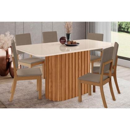 Imagem de Conjunto: Mesa de Cozinha Solana SC68 Tampo Madeirado c/ Vidro Canto Curvo 160x90cm e 6 Cadeiras Milla Nature/Suede Light Marrom Amêndoa - Henn
