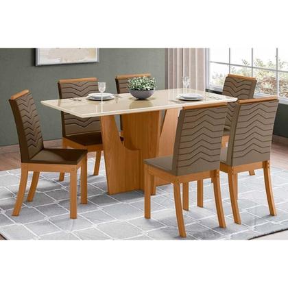 Imagem de Conjunto: Mesa de Cozinha Vértice c/ Tampo Reto Madeirado c/ Vidro 160x80cm e 6 Cadeiras Isa Nature/Suede Light Bege - Henn