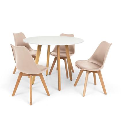 Imagem de Conjunto Mesa de Jantar Laura 100cm Branca com 4 Cadeiras Eames Wood Leda - Nude