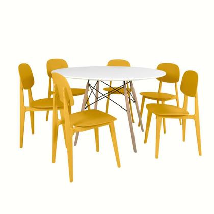 Imagem de Conjunto Mesa de Jantar Redonda Eiffel Branca 120cm com 6 Cadeiras Itália - Amarelo