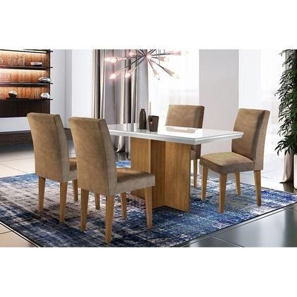 Imagem de Conjunto: Mesa Sala Jantar Berlim c/ Tampo Madeirado c/ Vidro Canto Reto 120cm + 4 Cadeiras Grécia Imbuia/Chocolate - Rufato