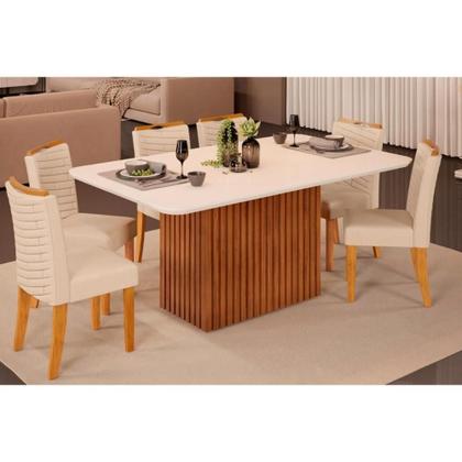 Imagem de Conjunto: Mesa Sala Jantar Canes Tampo Madeirado c/ Vidro Curvo 170x90cm e 6 Cadeiras Julia Cedro/Off White - Linho Neve - DJ Móveis