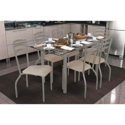 Imagem de Conjunto: Mesa Sala Jantar Elba c/ Tampo de Vidro 150cm e 6 Cadeiras Portugal Niquel - Courano Bege - Kappesberg