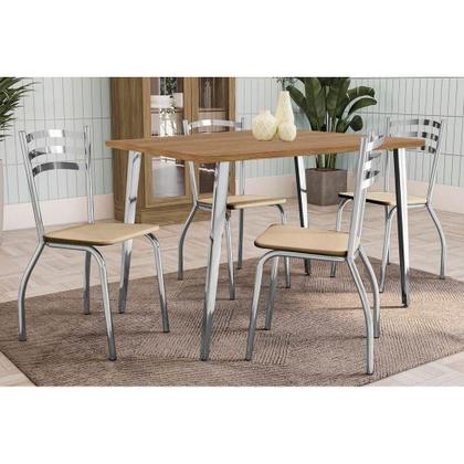 Imagem de Conjunto: Mesa Sala Jantar Iguaçu c/ Tampo de Madeira 136cm e 4 Cadeiras Portugal Cromada/Nogueira - Courano Bege - Kappesberg