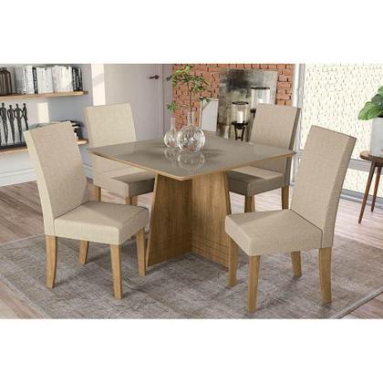 Imagem de Conjunto: Mesa Sala Jantar Lótus c/ Tampo Madeirado c/ Vidro 105cm + 4 Cadeiras CAD131 Freijó/Bronze/Bege - Kappesberg