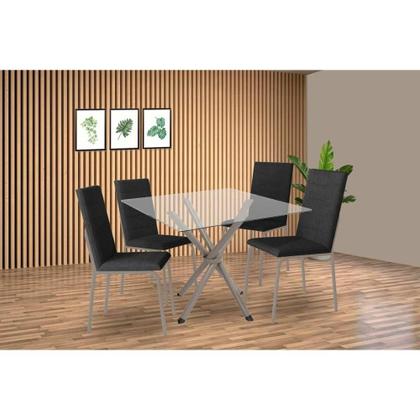 Imagem de Conjunto: Mesa Sala Jantar Volga c/ Tampo de Vidro 90cm e 4 Cadeiras Amsterdã Niquel - Courano Preto - Kappesberg