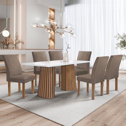 Imagem de Conjunto Mesa Stella Ripada 170cm com 6 Cadeiras Canela Tampo Smart Plus com Vidro