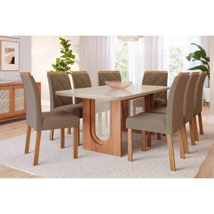 Imagem de Conjunto Mesa Valentina Tampo Madeirado c/ Vidro 210x100cm e 8 Cadeiras Fernanda Cinamomo/Off White - Madeirado/Suede Jo-Cimol