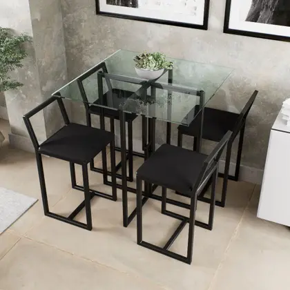 Imagem de Conjunto Mesa Vidro 4 Cadeiras Pequena Estofado Industrial Black