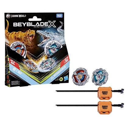 Conjunto multipack Beyblade X Jurassic World T. Rex x Mosasaurus