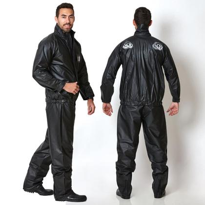Imagem de Conjunto Para Motoqueiro Capa De Chuva Roupa Reforçada Pvc Preto Proteção Motociclista