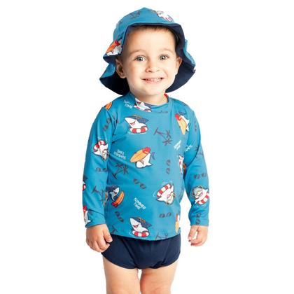 Imagem de Conjunto Praia Bebê e Infantil Proteção UV com Chapéu Tubarão de Férias Marinho Diju