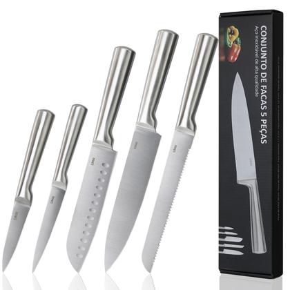 Imagem de Conjunto Premium de 5 Facas Grandes Faqueiro Completo de Aço Inoxidável 3CR13 LUMAI Faca do Chef Santoku Utilitaria Pão Descascar Profissional