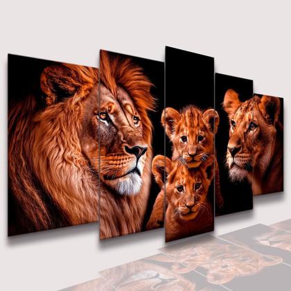 Imagem de Conjunto Quadro Decorativo Mosaico Com Foto Personalizado Família De Leões 2 Filhotes PVC Decoração para Sala de Jantar Quarto Casal