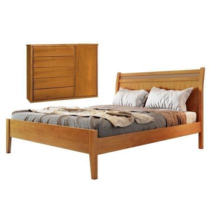 Imagem de Conjunto Quarto de Casal Cama Madeira Maciça Detalhe Rattan e Cômoda 5 Gavetas com Sapateira Unique