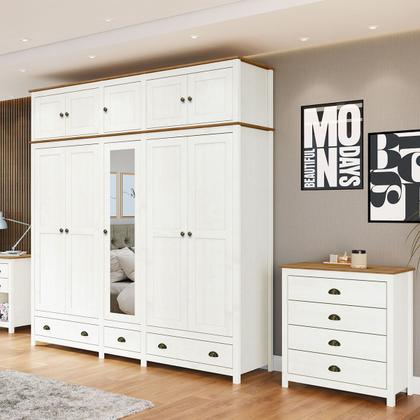 Imagem de Conjunto Quarto: Guarda-Roupa 10 Portas, Cômoda 4 Gavetas Topázio Branco/Freijó Madeira Pinus - Finestra