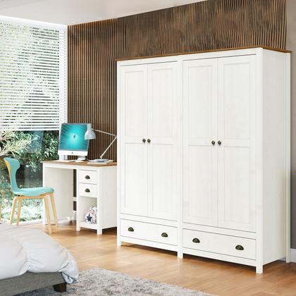 Imagem de Conjunto Quarto: Guarda-Roupa 4 Portas, Escrivaninha 2 Gavetas Topázio Branco/Freijó Madeira Pinus - Finestra