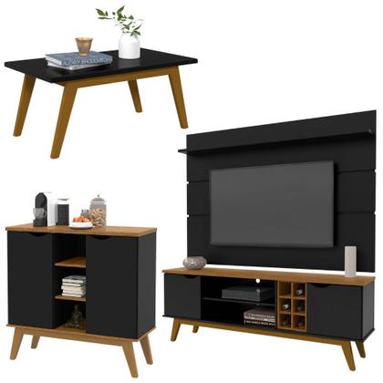 Imagem de Conjunto Sala de Estar Prism Patrimar Rack com Painel 1.8 + Buffet + Mesa de Centro Preto com Cumarú