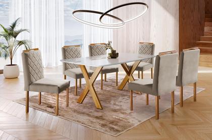 Imagem de Conjunto Sala de Jantar 6 Lugares Espanha Mesa e Cadeiras Madeira Maciça Tampo Com Vidro