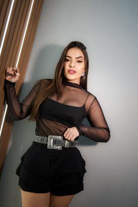 Imagem de Conjunto Shorts Saia Babado Duna Blusa Tule Manga Longa Festa