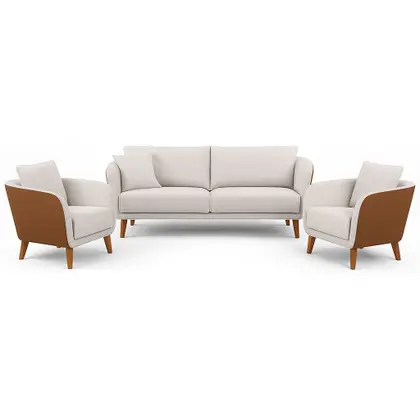 Imagem de Conjunto Sofá Living Hórus e Poltronas Tecido Composê Linho Cru e Marrom Terracota 1,70M