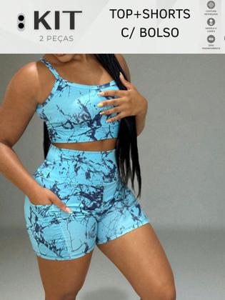 Imagem de Conjunto top e shorts com BOLSO Fitness Academia Cintura alta Cós Duplo Modelador