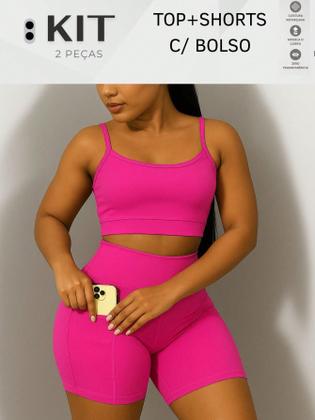 Imagem de Conjunto top e shorts com BOLSO Fitness Academia Cintura alta Cós Duplo Modelador