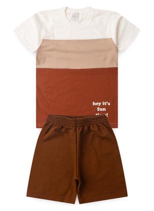 Imagem de Conjunto Verão Menino Infantil Natural Camiseta e Bermuda Recortes