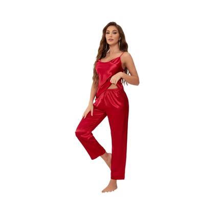 Imagem de Conjuntos de pijamas de cetim sólido sexy sem mangas loungewear simples e respirável para mulheres