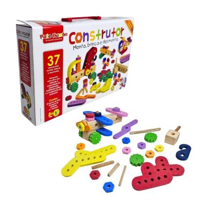 Imagem de Construtor Monta, Brinca e Desmonta Brinquedo Educativo em Madeira e EVA - Bate Bumbo - 3 anos