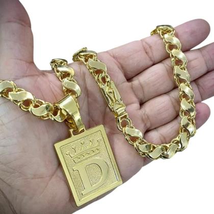 Imagem de Cordão 8mm Friso S + Pingente Letra - Banhado a ouro