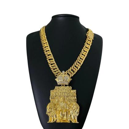 Imagem de Cordão Grumet 15Mm + Pingente Leão Jesus - Banhado A Ouro